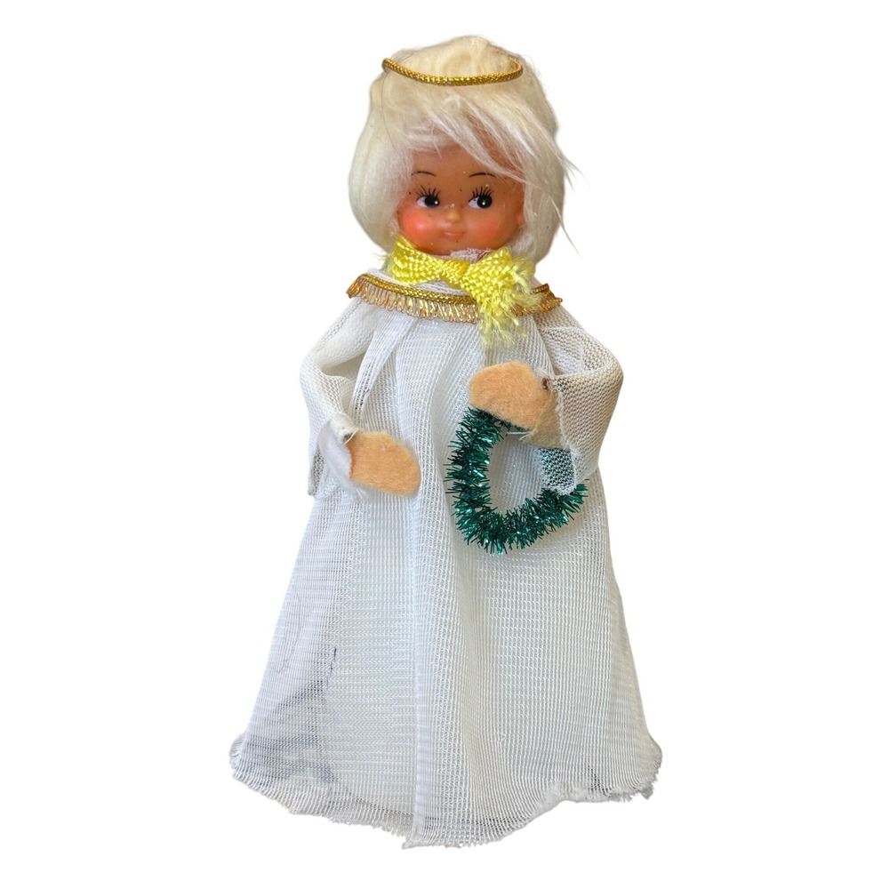 Vintage Handmade Christmas Angel Figure Blonde Doll Holiday Decor Tree Topper 6"
